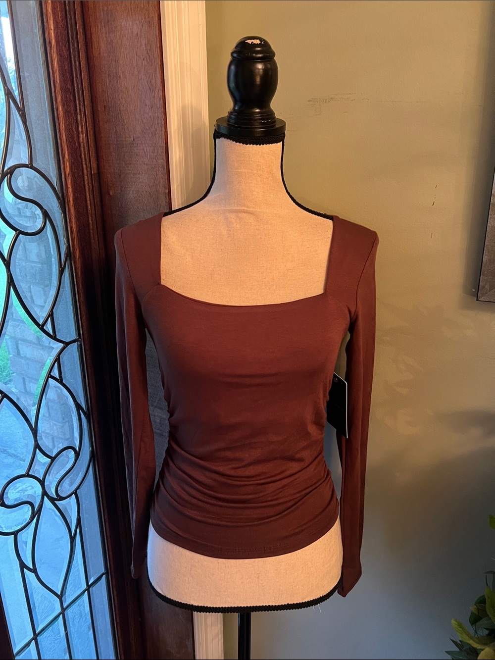 Women’s Square Neck Long Sleeve Top - Chocolate Brown